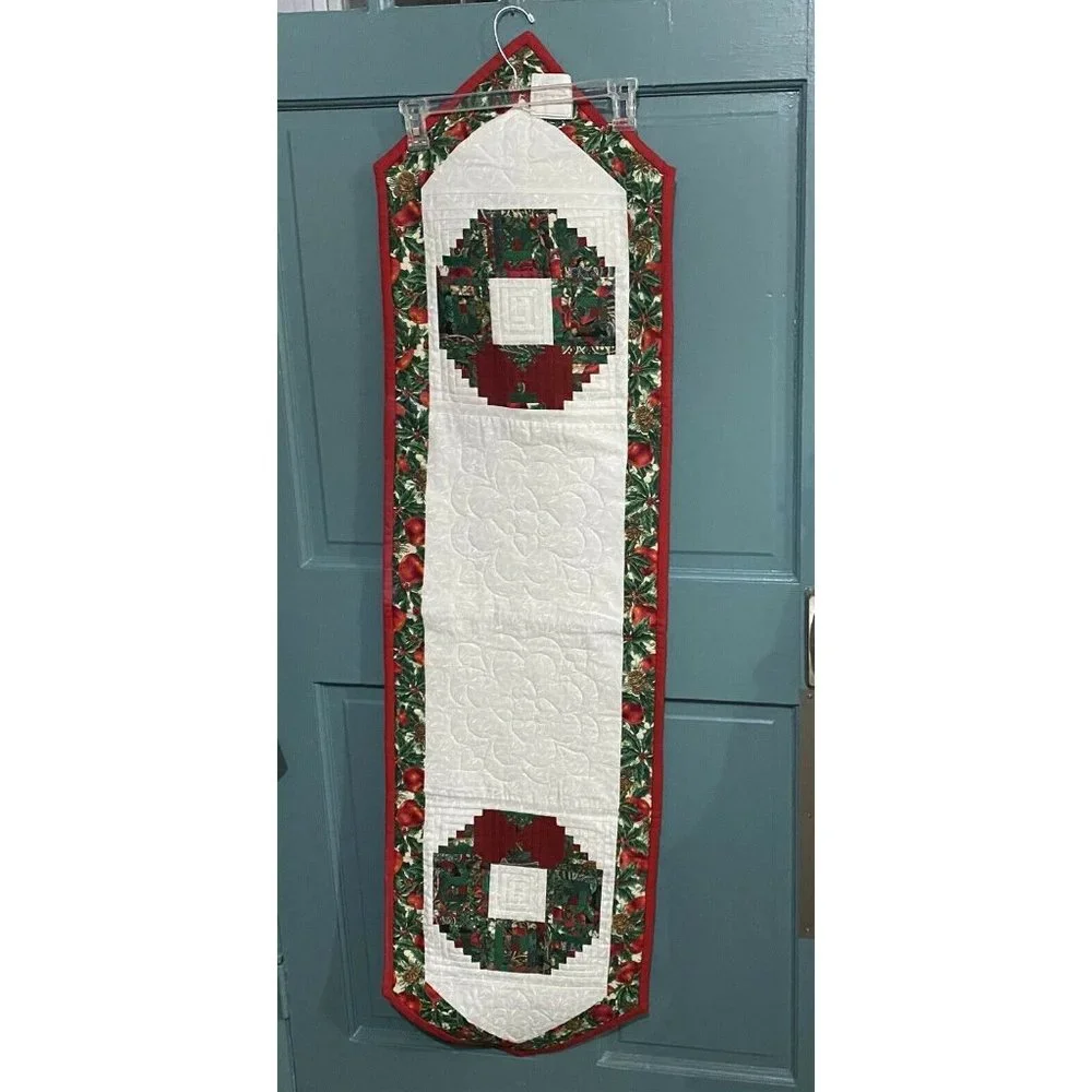 Quilted Table Runner Handmade Christmas Red Green Wreath Pattern